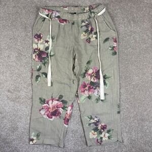 Charlie B Floral Linen Pants Womens Large Sage Green Italy Cropped Drawstring